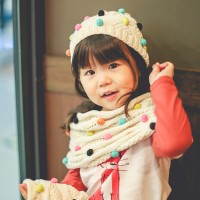 親子裝 韓版小童針織冷帽連頸巾 - 七彩小波點 (米色)